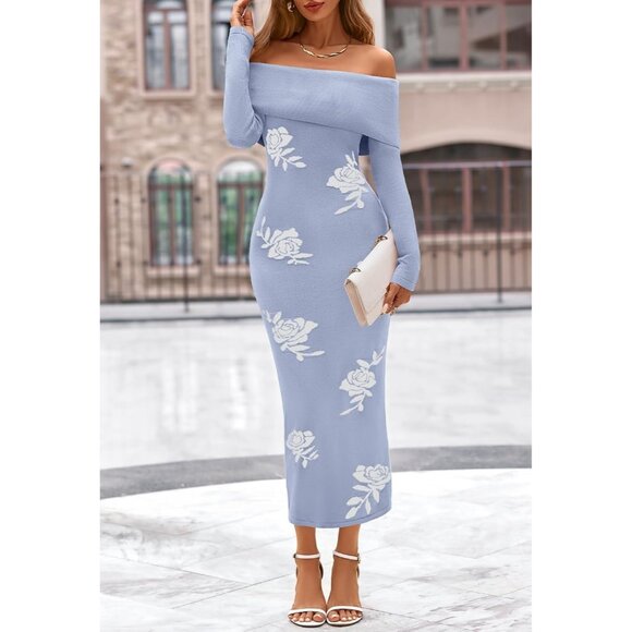 Merokeety Women's Bluewhite Off Shoulder Long Sleeve Elegant Bodycon Midi Dress - Picture 8 of 9
